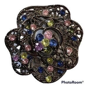 VINTAGE Brooch Rose Flower Antiqued Silver Tone Multicolor Stones Pastel